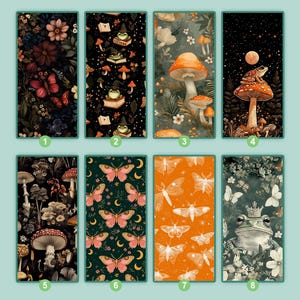 May include: A collection of eight rectangular designs featuring various nature-inspired patterns. Designs include dark floral arrangements, whimsical frogs, mushrooms, butterflies, and moths. The color palette includes dark greens, oranges, and blacks.