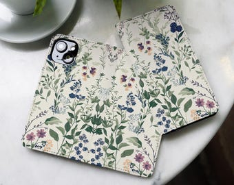 Botanical faux leather wallet flip case for Samsung s23 S24 FE S22 S21 S20 A56 S25 A53 iPhone 16 15 14 13 12 xr 8 SE Pixel 8a 7a 6 9 gl008_w