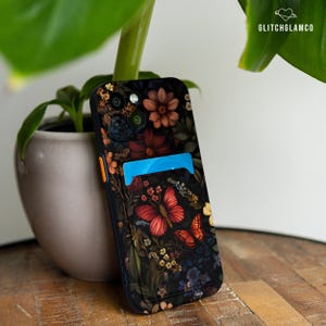 Vlinder donkere bloemen kaarthoes voor iPhone 15 pro max 14 iPhone 13 mini 16 plus 12 xr iPhone 8 SE 2022 Samsung S24 FE s23 S22 S21 S20 gl019