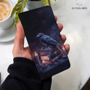 Funda tipo cartera con diseño de cuervo negro para iPhone 16+, 15 Pro, 14, 13, 12, XR, 8 SE, Samsung S24 FE, S23, S22, S21, S20, A56, S25, A53, Google Pixel 8a, 7a, 7, 6, 9 gl028w