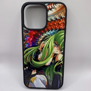 May include: Black phone case featuring a colorful anime-style illustration of a female character with long green hair and a black outfit. The case has a black border and a cutout for the camera.