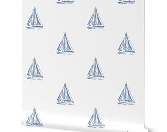 海岸風壁紙：青と白の帆船柄、貼ってはがせるタイプの子供部屋装飾
