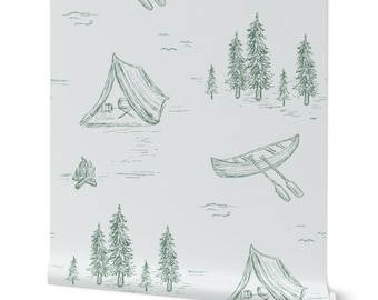 Vintage Camping Toile Wallpaper: Hand-Drawn Lake Scene Peel and Stick (Nursery Decor)