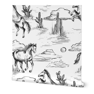 Carta da parati Western, decorazione per cameretta dei bambini Cowboy, carta da parati con cavalli, carta da parati rimovibile, stacca e attacca, carta da parati per cameretta dei bambini in bianco e nero