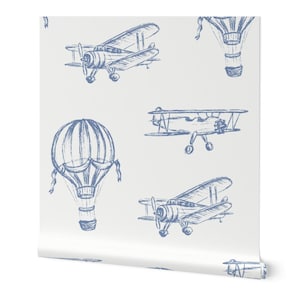 Vintage Airplane Wallpaper for Baby Nursery - Hand-Drawn Hot Air Balloons in Preppy Blue & White - Removable Peel and Stick Wallpaper
