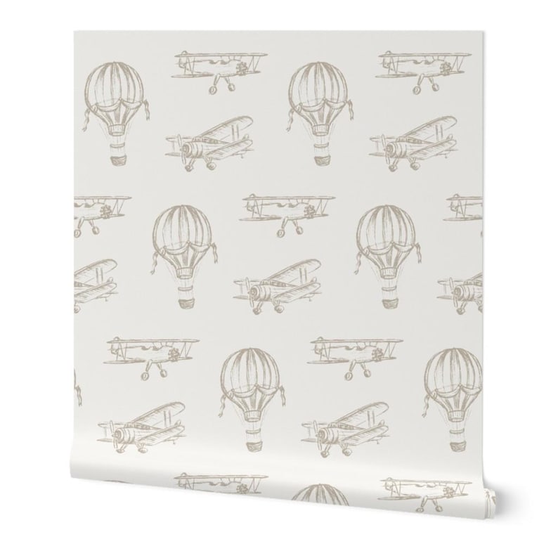 Vintage Airplane Nursery Wallpaper: Beige Hot Air Balloon Peel and ...