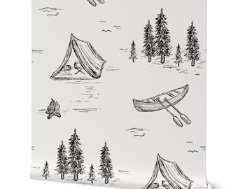 Camping Themed Nursery Wallpaper - Black & White Forest Design | Peel and Stick Wallpaper for Cabins and Lake Houses - Woodland Wallpaper