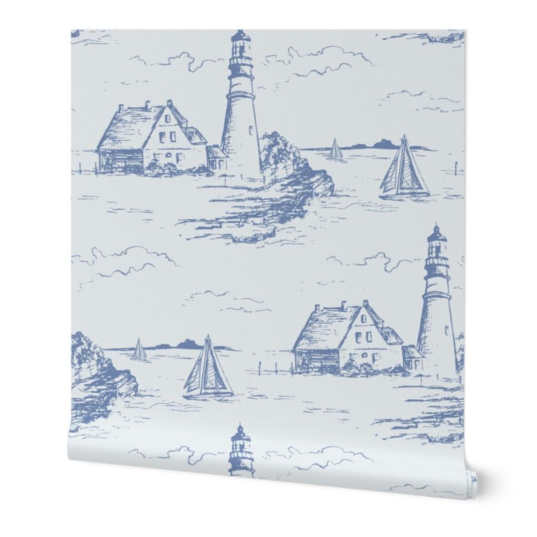 Coastal Lighthouse Wallpaper: Blue Hand-drawn New England Design (peel ...