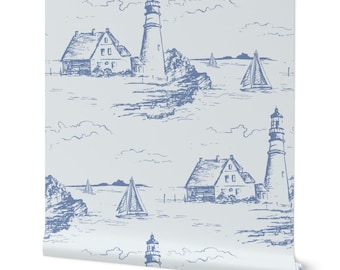 Coastal Lighthouse Wallpaper: Blue Hand-Drawn New England Design (Peel and Stick)