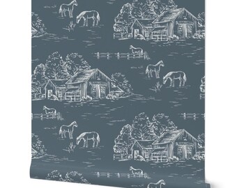 Papel pintado estilo granja Toile / Decoración de pared para establo de caballos azul vaquero estilo casa de campo