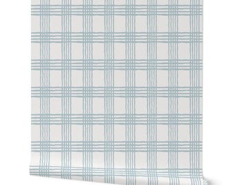 May include: A white background with a light blue plaid pattern. The pattern is made up of thin, horizontal and vertical lines.