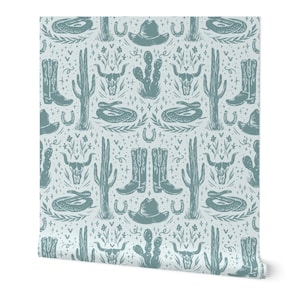 Carta da parati West Texas - Carta da parati rimovibile Peel and Stick a tema Blue Desert per boutique hotel e case - Design della carta da parati Cactus in blu