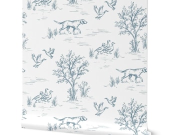 Blue Hunting Toile Wallpaper: Rustic Farmhouse, Bathroom or Nursery Decor