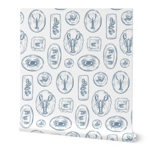 Blue Lobster Toile Wallpaper, Coastal Seafood Motif, Peel and Stick or Vinyl Wallpaper for Beach Homes, Boutique Hotels, & Seaside Bathrooms