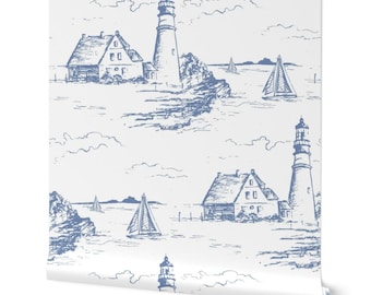 Coastal Toile Wallpaper, Blue Lighthouse Sailboat Scene (Peel & Stick)