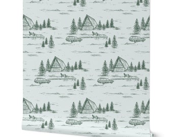 Lake House Wallpaper - Mountain Themed Outdoor Adventure Peel and Stick Wall Decor - A Frame Cabin with Handdrawn Trees - Vintage Camp Toile