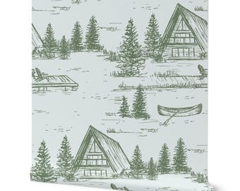 Papel pintado Lake House Toile: decoración rústica de cabaña con temática de camping vintage y autoadhesivo.
