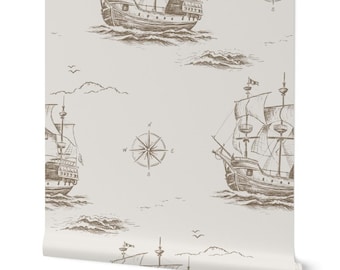Vintage Pirate Ship Wallpaper: Nautical Coastal Map Wall Decor (Removable)