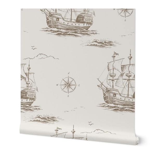 Papel pintado vintage con diseño de barco pirata: decoración de pared con mapa costero náutico (removible)