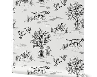 French Country Toile Wallpaper – Rustic Hunting Dogs & Geese