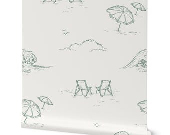 Green Beach Wallpaper: Coastal Hand-Drawn Peel and Stick for Bathroom, Nursery