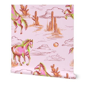 Carta da parati Western, arte murale con cowboy rosa, carta da parati con cavalli, carta da parati rimovibile, stacca e attacca, decorazione per la cameretta del Texas, carta da parati con cactus del deserto