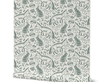 Forest Animals Woodland Nursery Wallpaper in Sage Green - Removable Peel and Stick Wallpaper - Rabbits, Foxes, Mushrooms, & Butterflies