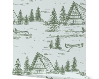 Lake House Wallpaper - Mountain Themed Outdoor Adventure Peel and Stick Wall Decor - A Frame Cabin with Handdrawn Trees - Vintage Camp Toile