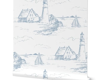 Papel de parede costeiro em toile azul e branco: cena de farol, para aplicação com cola ou adesivo.