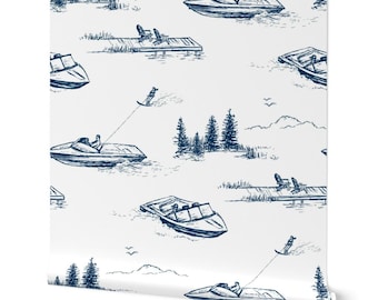 Vintage Lake House Wallpaper: Coastal Navy Blue & White Water Skier Toile