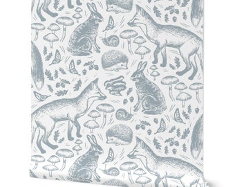 Cute Animal Nursery Wallpaper - Sketched Woodland Animals Accent Wall -Bunny, Fox, & Mushroom Design - Removable Peel and Stick Wallpaper