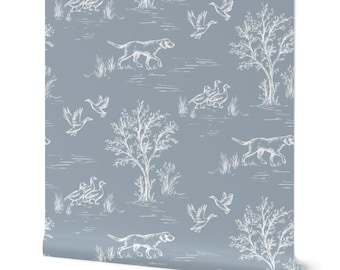 Rustic Hunting Toile Wallpaper: Farmhouse Dog & Goose Design in Preppy Blue and White