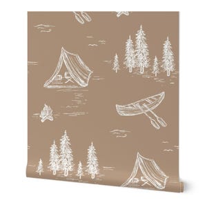 Camping Themed Nursery Wallpaper - Brown & White Forest Design | Peel and Stick Wallpaper for Cabins and Lake Houses - Woodland Wallpaper