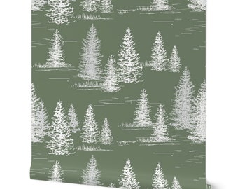 Green Trees Wallpaper - Mountain Themed Outdoor Adventure Decor - Removable Peel and Stick Wallpaper - Lake House Wallpaper