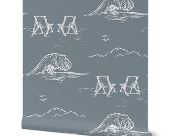 Coastal Toile Wallpaper: Blue Wave Ocean Mural for Beach House Decor