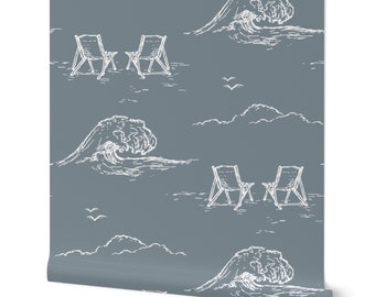 Beach Wallpaper for Modern Coastal Homes - Blue Wave Toile Peel and Stick Design for West Coast & East Coast Homes, Hotels, and Bedrooms