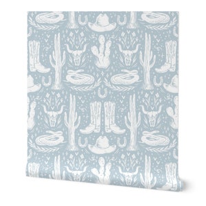Texas Wallpaper - Abnehmbare Tapete mit Wüstenmotiv für Boutique- Hotels und Häuser - Kaktus-Tapeten-Design in Hellblau
