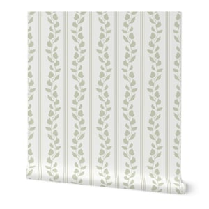 Preppy Green Striped Vine Wallpaper, Peel and Stick Removable Wallpaper for Traditional & Grandmillennial Style Homes, Light Sage Room Decor
