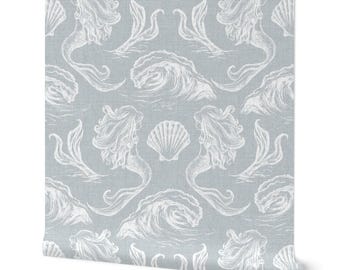 Coastal Wallpaper of Blue & White Mermaids: Beach House Toile Seashell Mural