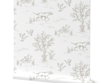 Farmhouse Toile Wallpaper, Dogs & Geese in Preppy Rustic Design