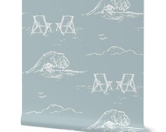 Coastal Beach Wave Toile Wallpaper: Blue & White Surfing Decor