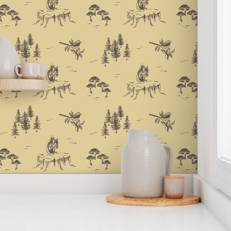 woodland animals wallpaper for babies and kids - removable peel & stick wallpaper designs - handdrawn forest creatures birds, squirrels, mushrooms, & trees for outdoor enthusiasts & nature lovers - wall decor for baby girls and baby boys