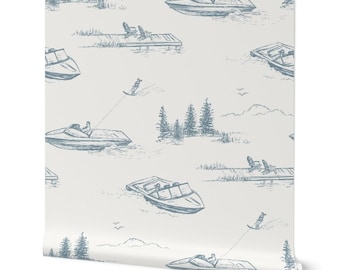 Lake House Wallpaper: Vintage Ski Boat Toile, Blue & Ivory, Peel and Stick