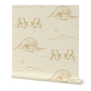 Coastal Wallpaper of Beach Waves for Baby Nursery or Playroom - Neutral Yellow Surfing Wallpaper - Removable Peel and Stick Wallpaper Design