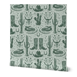 Carta da parati West Texas, carta da parati rimovibile a tema deserto per hotel boutique, carta da parati decorativa per cameretta dei bambini con cowboy verde