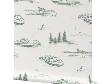 Lake House Wallpaper: Vintage Boating Mural in Removable Peel & Stick for Coastal Homes