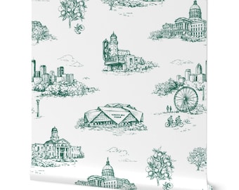 Papel pintado Toile de Jouy de Atlanta, monumentos del sur, estampado verde y blanco (autoadhesivo)