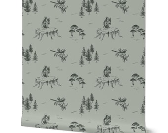 Woodland Animals Nursery Wallpaper in Sage Green - Removable Peel and Stick Wallpaper - Handdrawn Trees, Forest Birds, & Squirrels