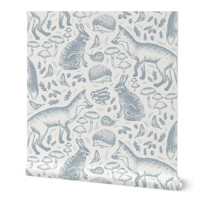 Woodland Nursery Wallpaper with Vintage Hand-Drawn Animals, Gender Neutral Blue Kids Room Decor,  Whimsical Toddler Room Wall Art Mural