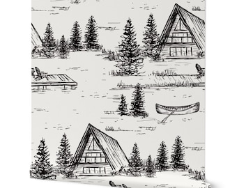 Lake House Wallpaper - Outdoor Camping Themed Peel and Stick Wallpaper - A Frame Cabin with Handdrawn Trees - Vintage Camp Toile